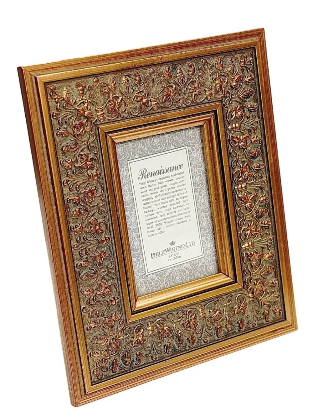 PHILIP WHITNEY Renaissance Ornate Frame Handcrafted Wood Antiqued Goldtone 3.5x5